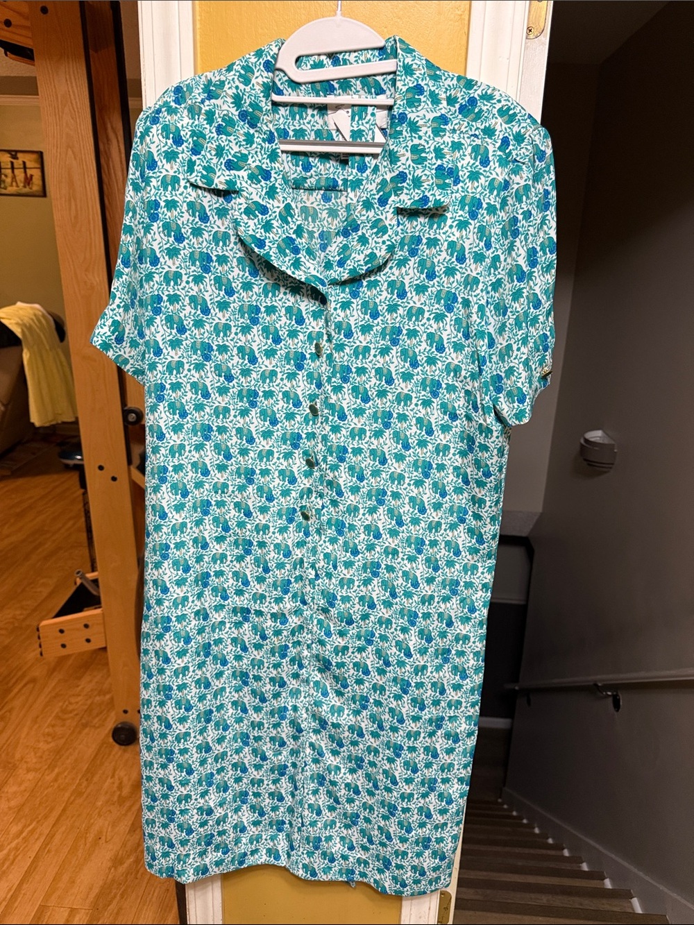 Schrader Petite Elephant Print Button Front Shirt Dress PM Blue Tropical Novelty
